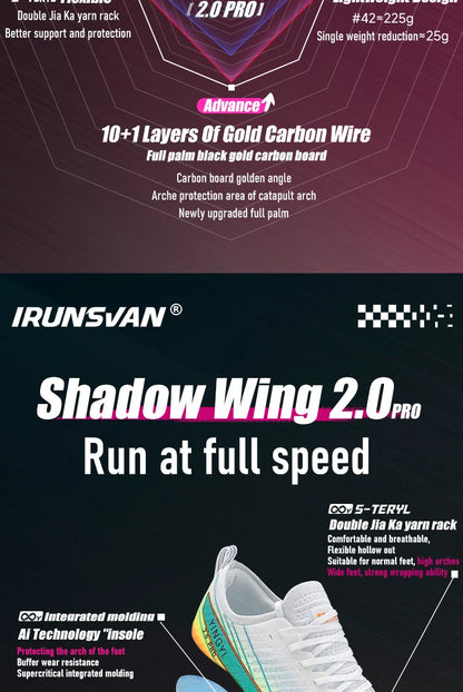 2025 IRUNSVAN SHADOW WING 2.0 PRO Marathon Air Cushion Sports Running Shoes Carbon Plate Trail Running Shoes Lightweight Sneaker