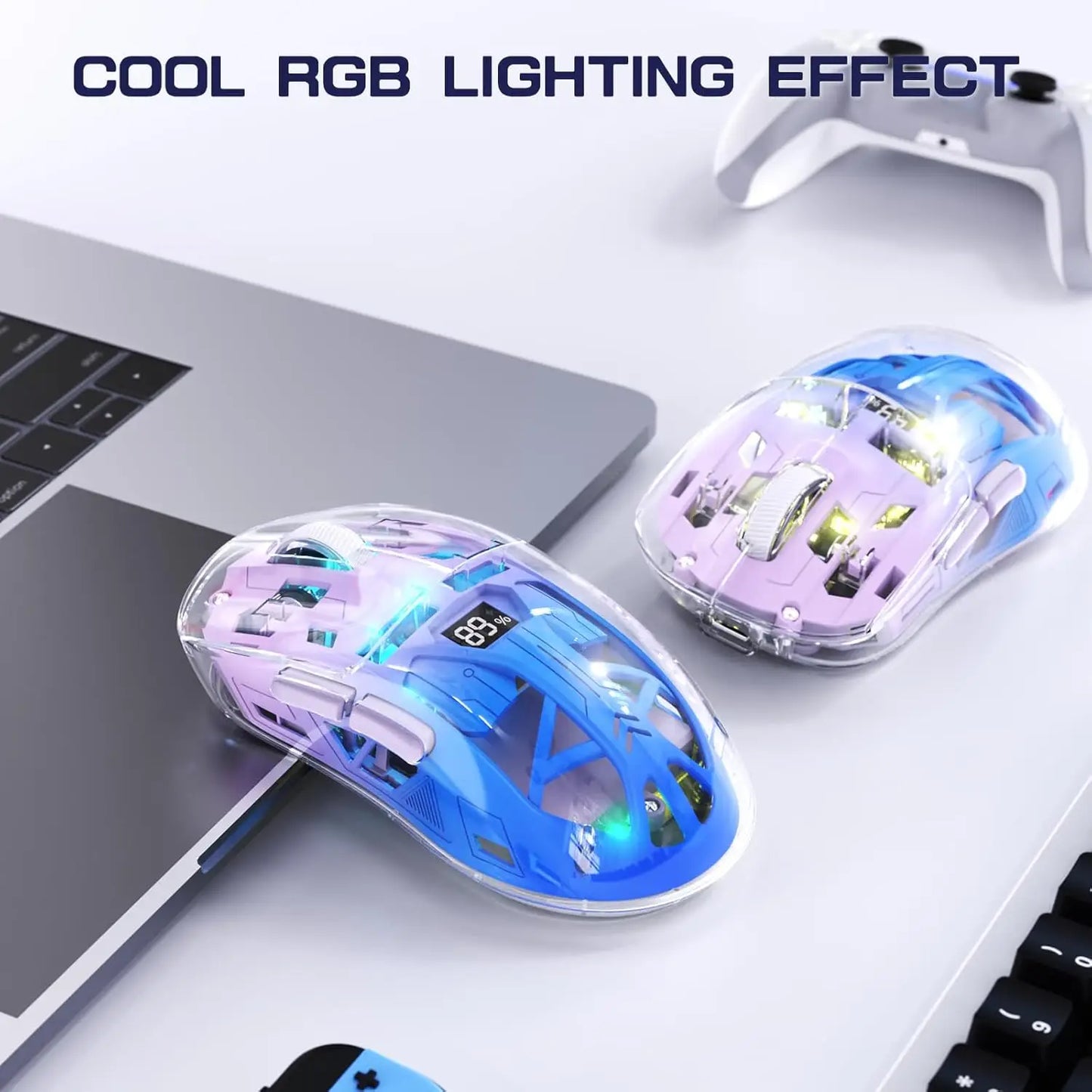 Mouse de gaming wireless transparent A2, BT 5.0/2.4G pentru PC, reîncărcabil, RGB, cu ecran digital, PixArt 3212, 5 niveluri DPI ajustabile