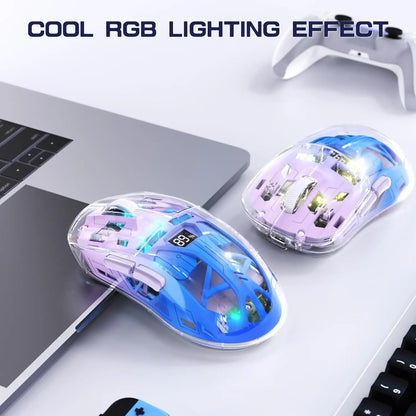 Mouse de gaming wireless transparent A2, BT 5.0/2.4G pentru PC, reîncărcabil, RGB, cu ecran digital, PixArt 3212, 5 niveluri DPI ajustabile
