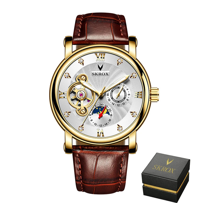 Luksuriøst mekanisk armbåndsur til mænd med automatisk urværk fra et førende mærke, udstyret med tourbillon, månefase og diamanter – et elegant armbåndsur.