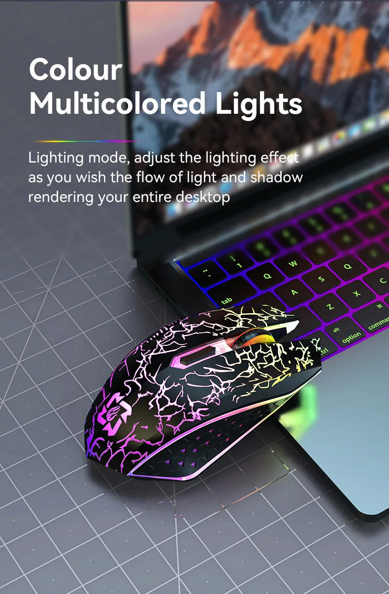 Rato sem fios Bluetooth 2.4GHz recarregável com retroiluminação RGB, 1600 DPI, design ergonómico, rato gaming para PC, portátil e MacBook