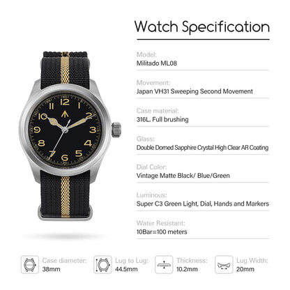 Militado ML08 V2 Vintage-Quarzuhr Military VH31-Uhrwerk Doppeltes Saphirglas C3 BGW-9 Leuchtend Wasserdicht 38mm Uhr