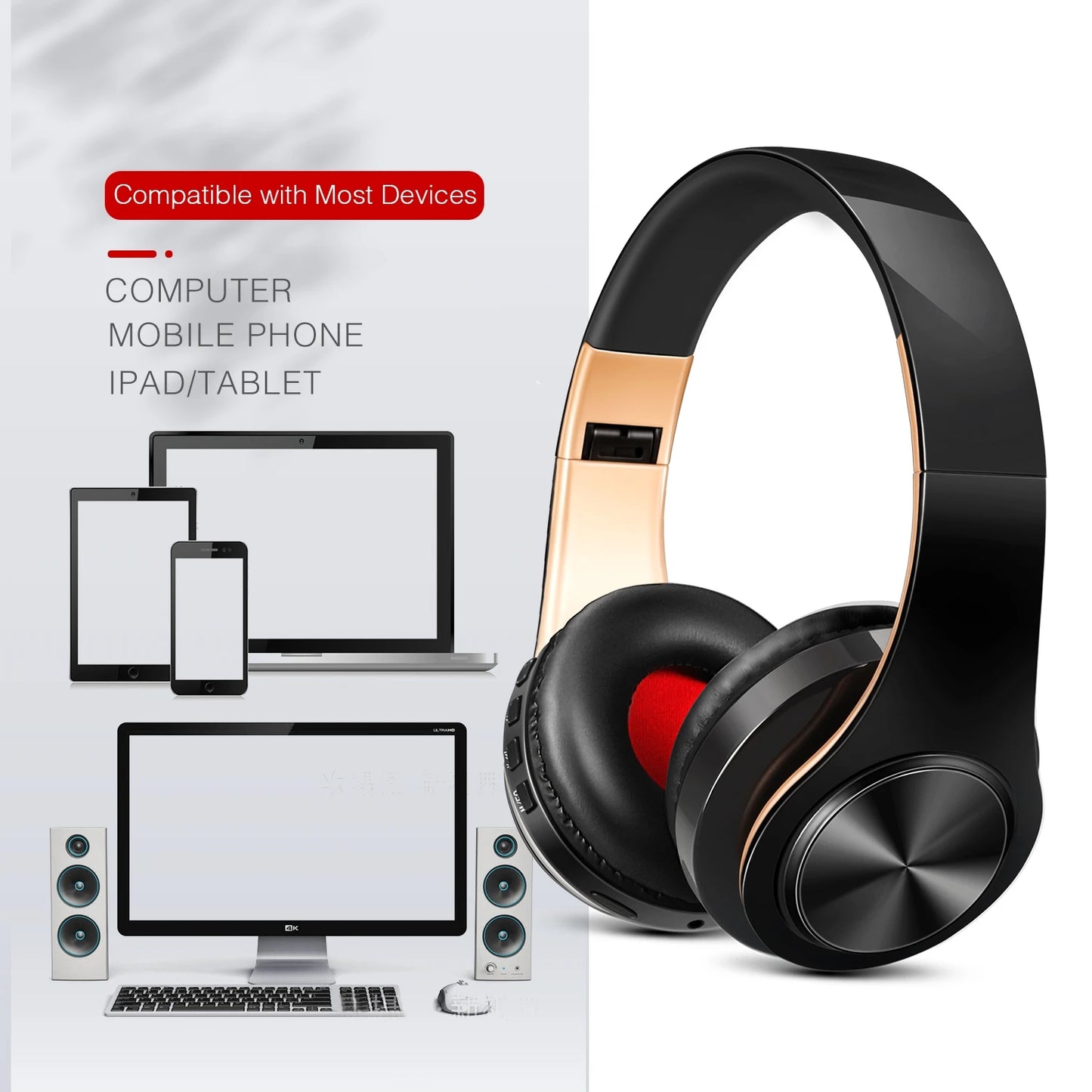 CATASSU Gold Bluetooth Wireless Headphones with Microphone, Stereo Headset, Bluetooth 5.3 Earphones, 40mm HiFi Sound, Foldable Headphones for Android & iOS