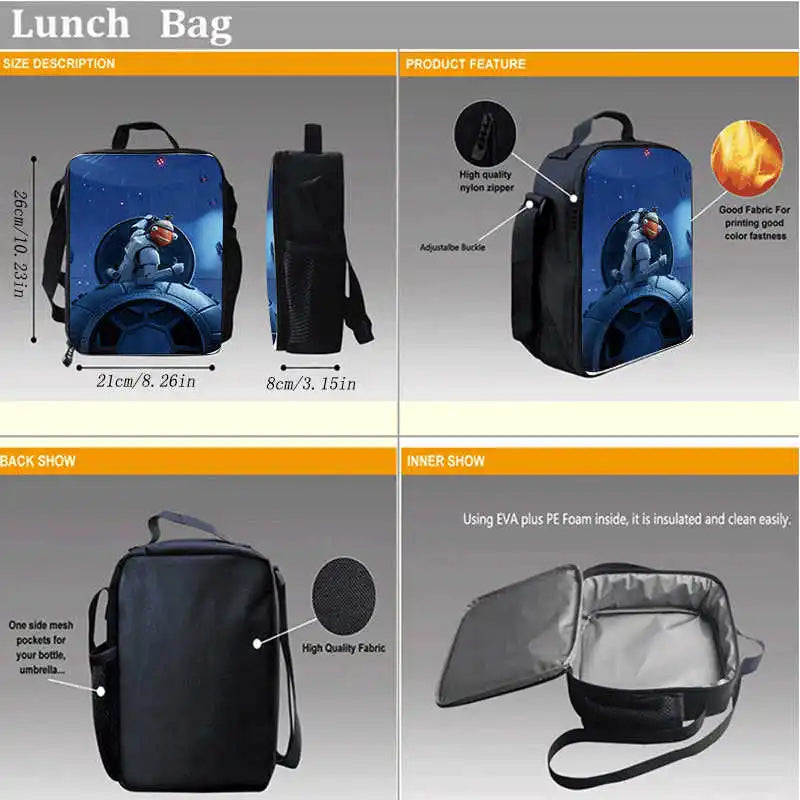 Bolsas de almuerzo para niños, bolsas escolares y de picnic Fortnite de dibujos animados para niñas y niños, bolsas térmicas portátiles y ligeras para almuerzo infantil