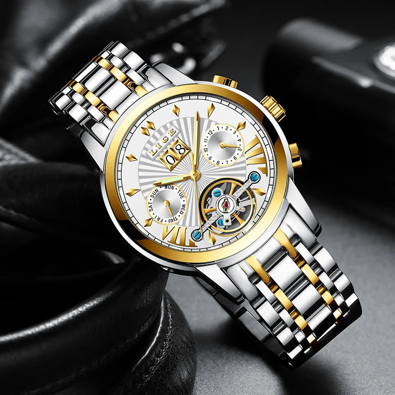 LIGE automatische mechanische polshorloges voor heren – Luxe horloge uit het topsegment met tourbillon, elegant en waterdicht model, ideaal voor op het werk of formele gelegenheden.