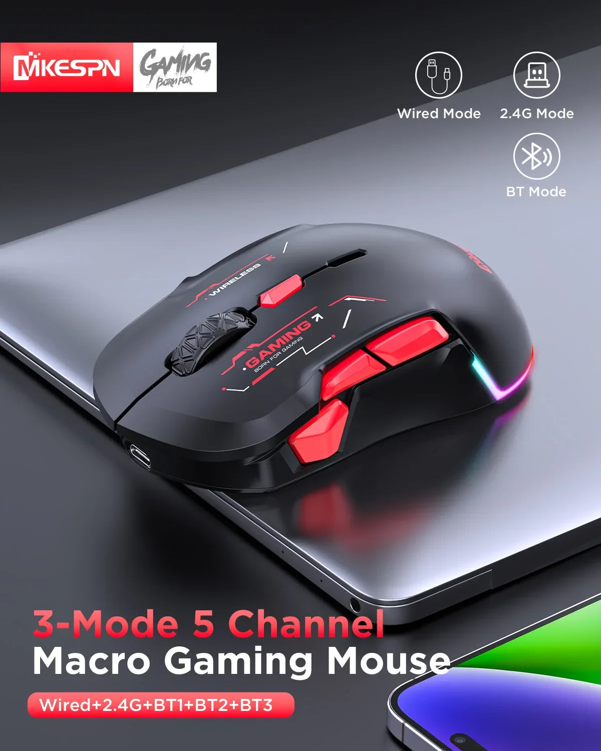 Mouse gaming macro MKESPN W12 cu 10 butoane, ambidextru, wireless Bluetooth, multicanal, tri-mode, ergonomic, RGB mare