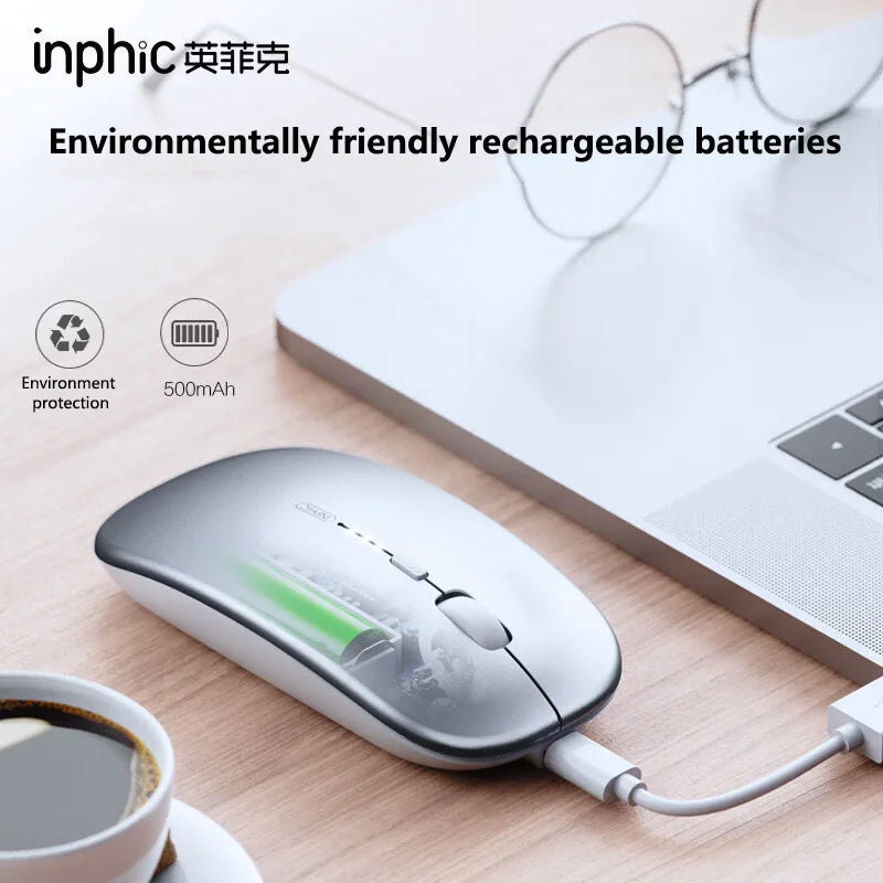 Inphic M1P Wireless Silent Mouse, Ultra-Thin Rechargeable 2.4G Office Mouse with USB Receiver, Type-C Charging, Battery Display & DPI Control