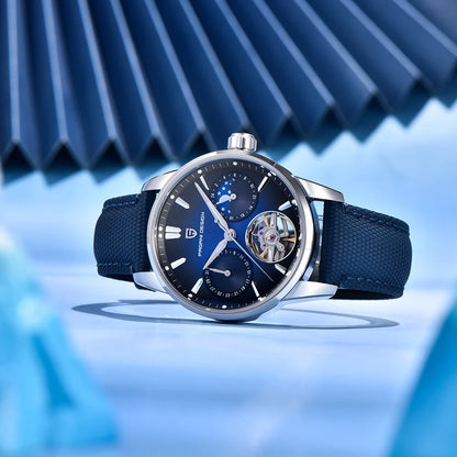 PAGANI DESIGN – Relógio mecânico de luxo para homem, 41 mm, vidro de safira, bracelete em pele, estanque, estilo piloto, com turbilhão e fase lunar