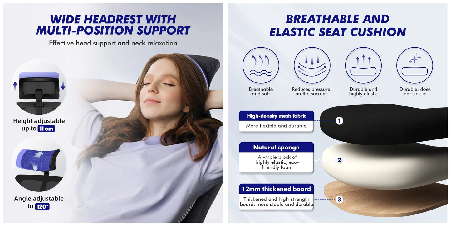 AUTHMIC Ergonomic Office Chair with 5D Lumbar Support, Mesh Back, Adjustable Headrest, Armrests & Reclining Desk Chair