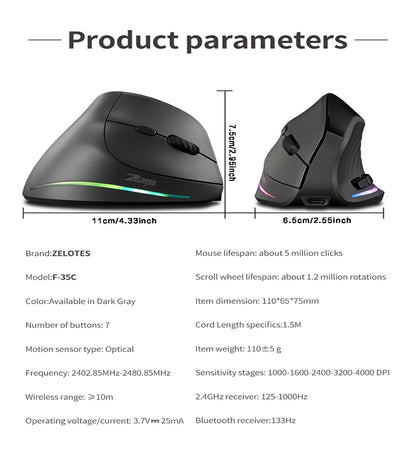Mouse verticale wireless ricaricabile con display, ergonomico, 6 pulsanti programmabili, gaming per gamer desktop