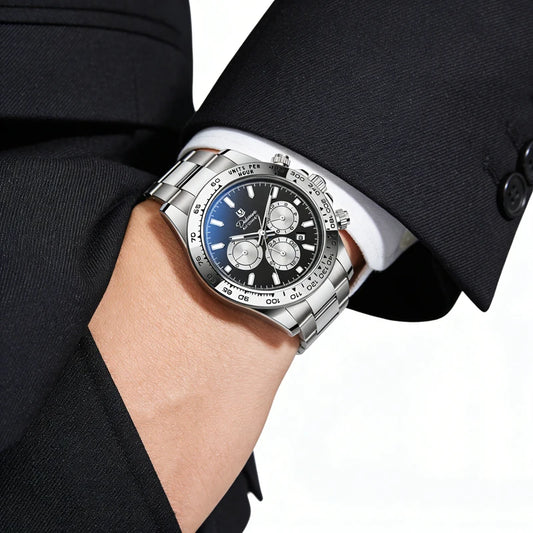 Mechanische Automatikuhr für Herren, „Business-Casual“-Stil, silberfarben, wasserdicht bis 3 ATM, multifunktional.