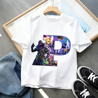 Fortnite A-Z Alphabet Print T Shirt Summer Kids White Clothing Popular Cartoon Game T Shirt Fashion Casual Short Sleeve Top Gift