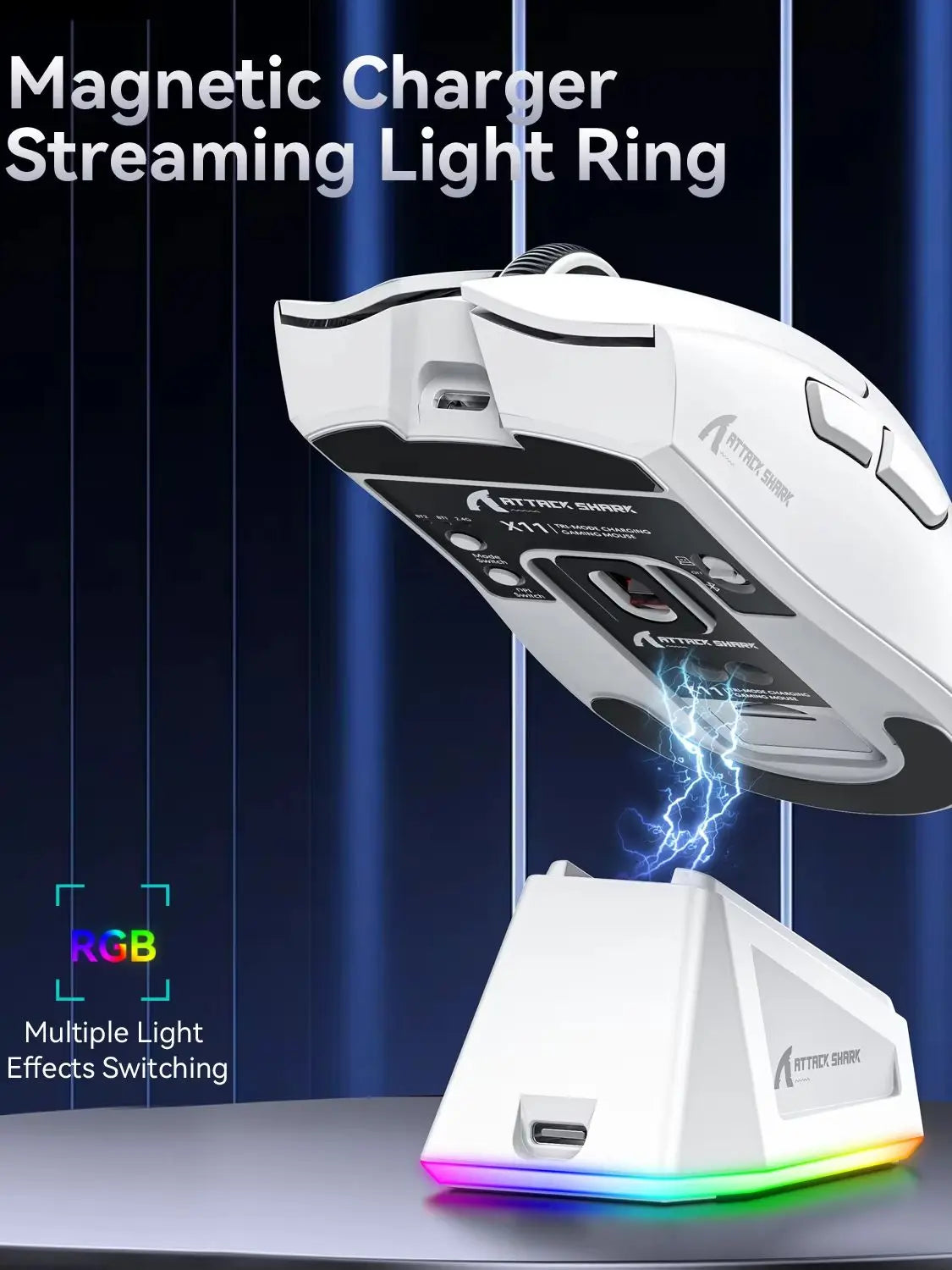 Attack Shark X11 hárommódú gaming egér mágneses töltődokkolóval, PixArt PAW3311 érzékelővel, 22K DPI, BT/2.4Ghz/vezetékes, PC/MAC-hez