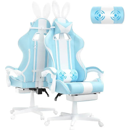 #For Kawaii Light Blue Gaming Chair with Bunny Ears, Ergonomic Cute Gamer Chair with Footrest and Massage, Racing Reclining&