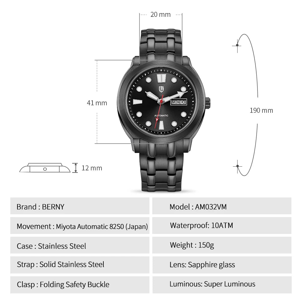 BERNY Automatic Men Watch Supper Luminous Sapphire Stainless Steel 100M Waterproof Business Casual Mechanical Wristwatch for Men