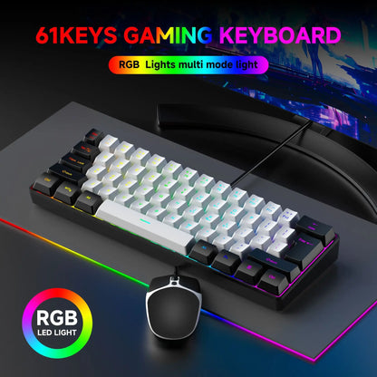 USB Wired RGB Gaming Keyboard 61 Keys White Black Compact Mini Office Keyboard and Mouse for PC Desktop Computer Gamer Keypad