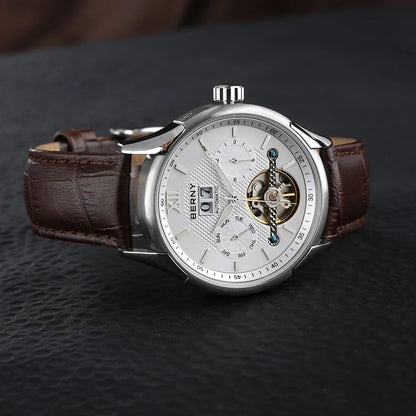 BERNY Automatic Watch for Men Auto Self-wind Mechanical Watches Date Skeleton 5ATM Luxury Male Wristwatches