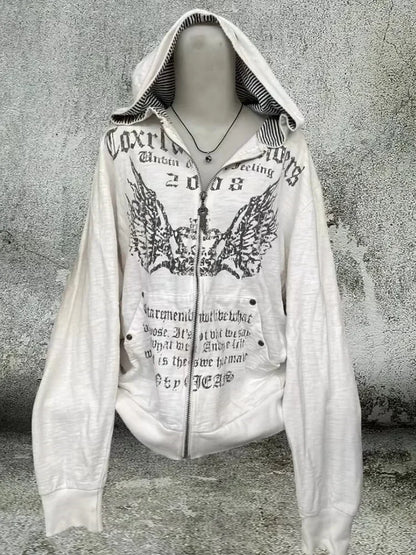 2026 New American Fashion Trend Goth Printed Zipper Hoodie Women Street Hip Hop Punk Rock Sweatshirt Unisex Casual Loose Hoodie