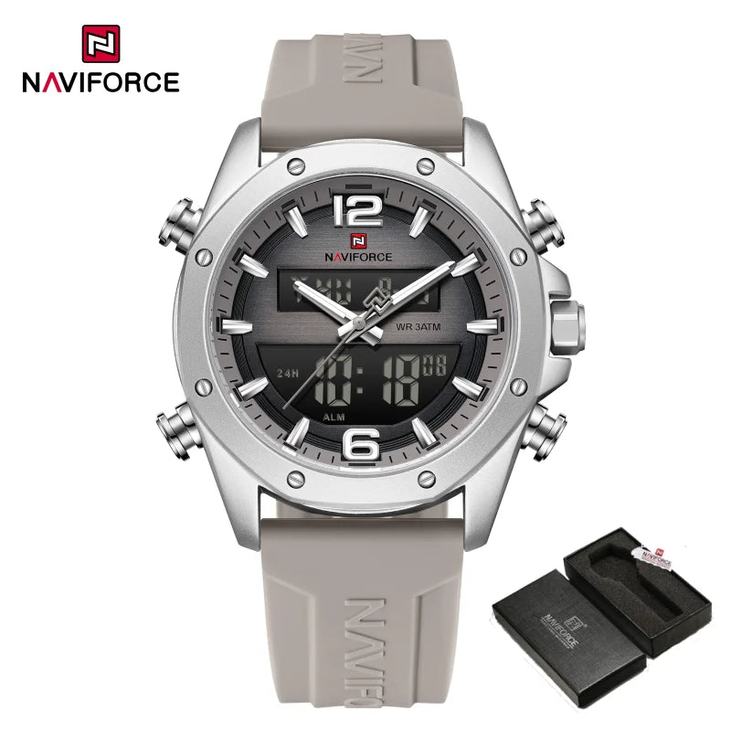 NAVIFORCE Men Quartz LCD Dual Display Watch With Silicone Strap 3ATM Waterproof Shockproof Night Light Round Case Sport Casual