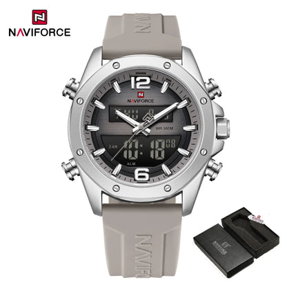NAVIFORCE Men Quartz LCD Dual Display Watch With Silicone Strap 3ATM Waterproof Shockproof Night Light Round Case Sport Casual