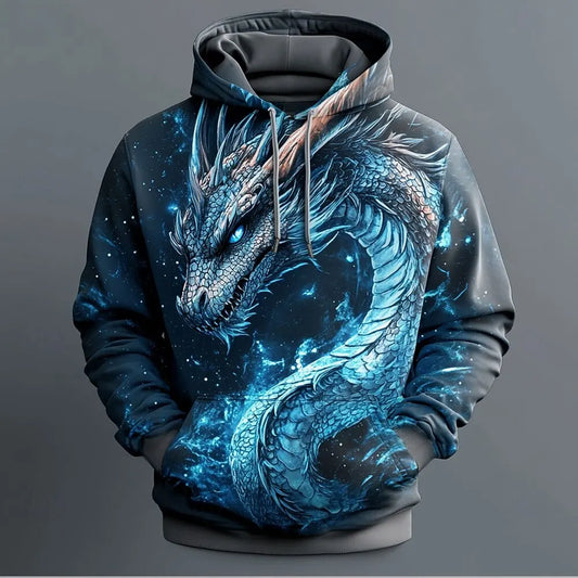 Мъжки суитшърти с качулка Retro Dragon Pattern, 3D принт, креативен дизайн, дълъг ръкав, ежедневен пуловер, модерен cool oversize стил, дишаща материя