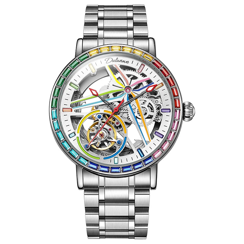 Pánské skeletové hodinky v módním stylu, zdobené drahokamy v barvách duhy, vybavené tourbillonem; luxusní mechanické hodinky s automatickým nátahem, vodotěsné do hloubky 30 metrů.