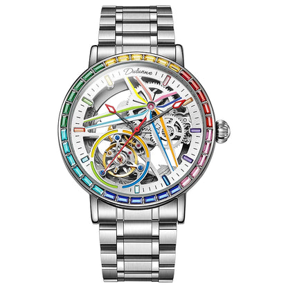 Pánské skeletové hodinky v módním stylu, zdobené drahokamy v barvách duhy, vybavené tourbillonem; luxusní mechanické hodinky s automatickým nátahem, vodotěsné do hloubky 30 metrů.