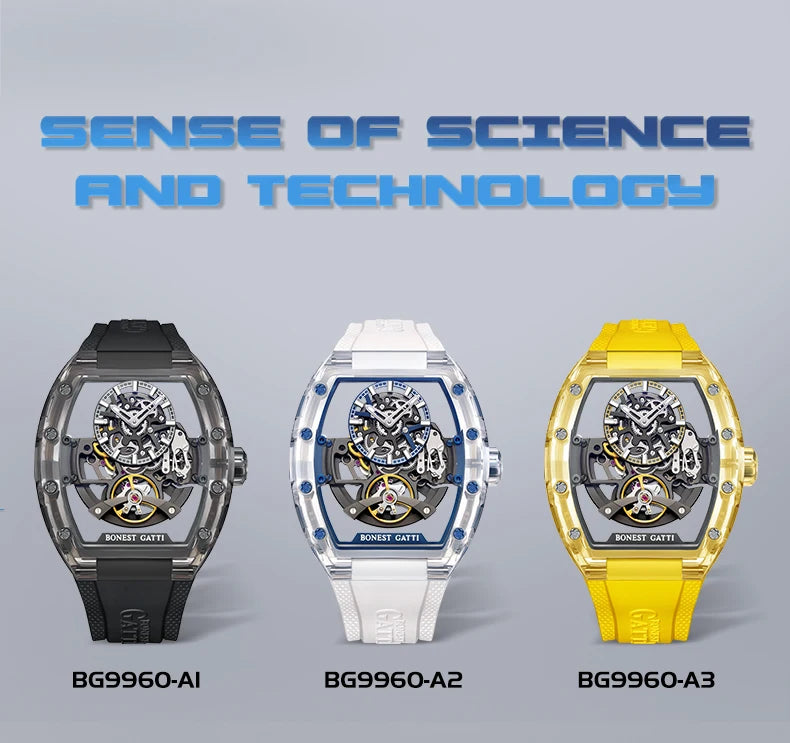 BONEST GATTI New Fully Automatic Men Watch Skeleton Mechanical Watch Rubber Black Band Luminous Barrel Shaped Men Watch
