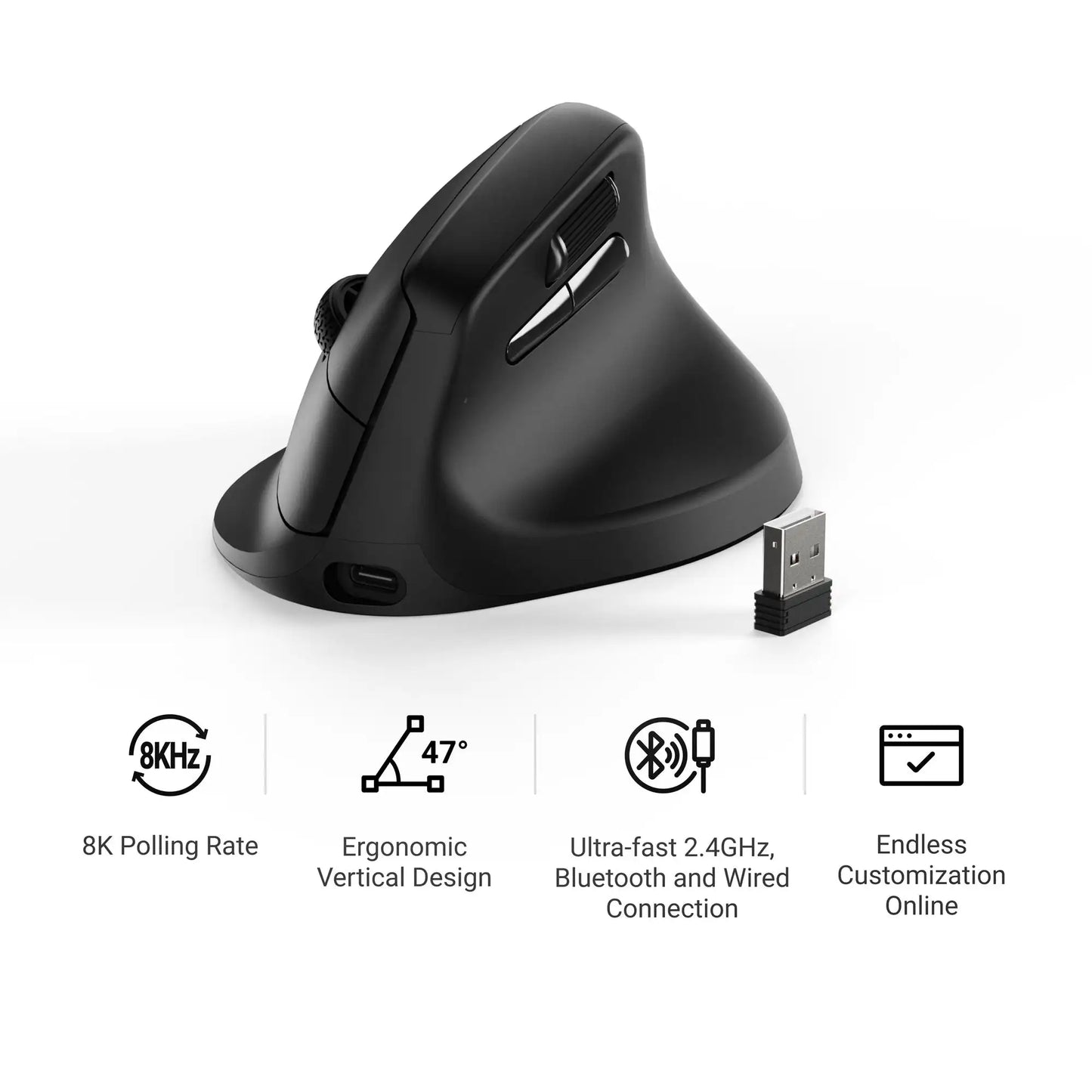 Keychron M5 draadloze ergonomische optische muis, 8K polling rate, 2.4GHz & Bluetooth, Type-C, 3950-sensor