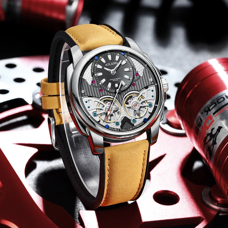 AILANG Automatic Mechanical Waterproof Sport Military Men Watch Luxury Double Tourbillon Man Wristwatch Leather Strap