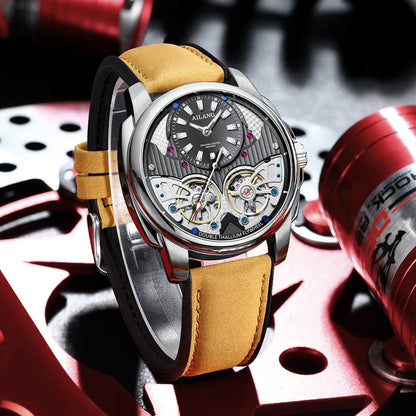 AILANG Automatic Mechanical Waterproof Sport Military Men Watch Luxury Double Tourbillon Man Wristwatch Leather Strap