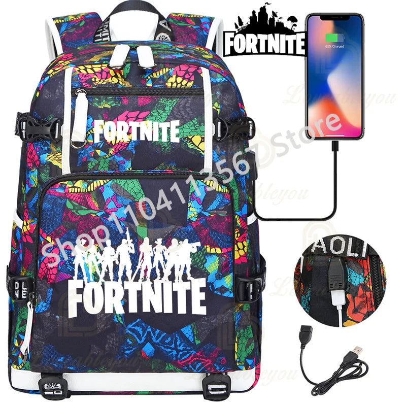 Yule Trooper F-Fortnited Battle Royale Rucksack mit USB-Ladeanschluss, Anime-Figuren, Lern- und Schreibwarenfach für Schüler