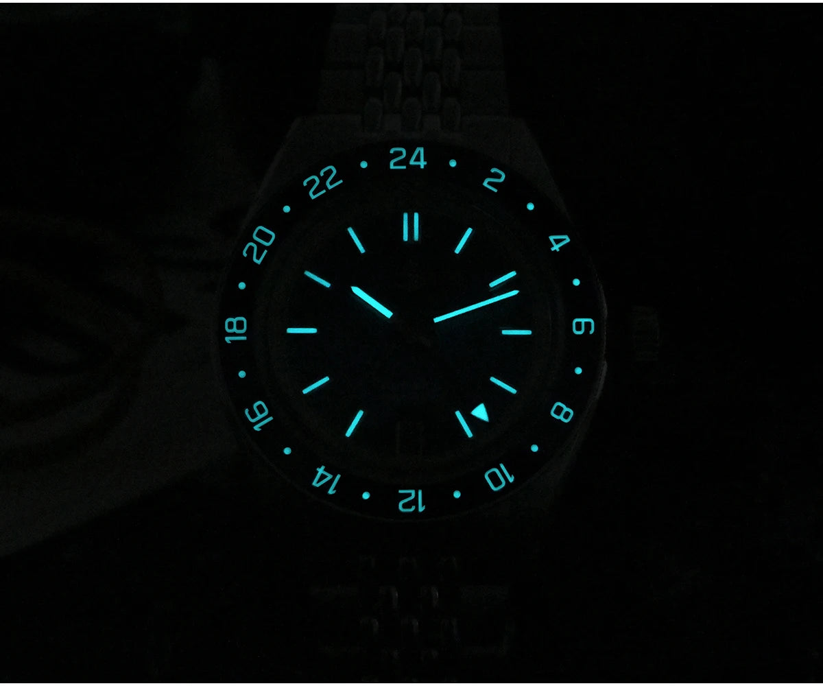 Relógio Automático Masculino San Martin 39.5mm Edição Limitada com Mostrador Full Lume NH34 GMT 6H Data 10Bar Luxo Kol Saati SN0116W