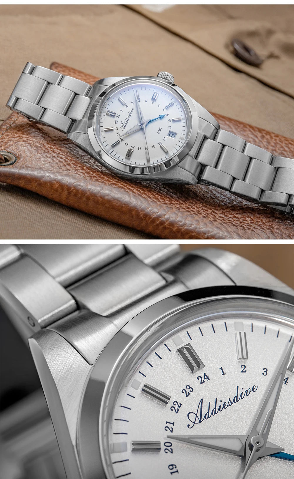 ADDIESDIVE 36mm Men's Analog Watch GMT 515-24H Watch BGW9 Luminous 100m Waterproof Stainless Steel Men's Quartz Watches AD2065