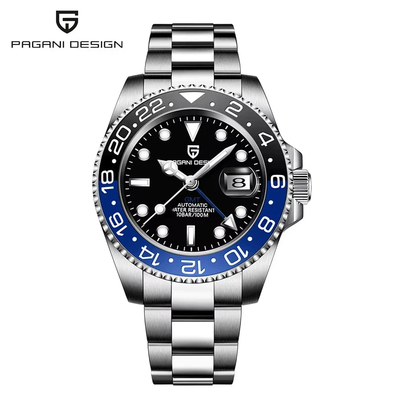 PAGANI DESIGN 40mm GMT Men's Mechanical Watches Rubber Strap Rotating Bezel 100 Waterproof Sports Wristwatch Mens Business Clock