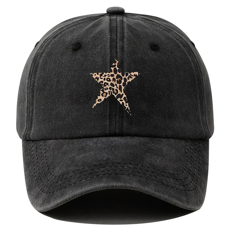 Retro imitation baseball cap with leopard print star design for leisure outdoor travel, fishing, and hiking