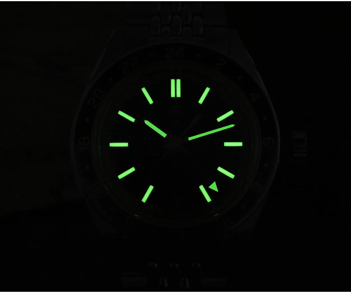 Relógio Automático Masculino San Martin 39.5mm Edição Limitada com Mostrador Full Lume NH34 GMT 6H Data 10Bar Luxo Kol Saati SN0116W