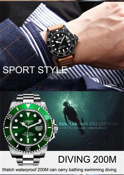 LOREO New Sapphire Glass Automatic Mechanical Watch Luxury Steel 200m Waterproof Business Watch Men Watches Reloj Hombre