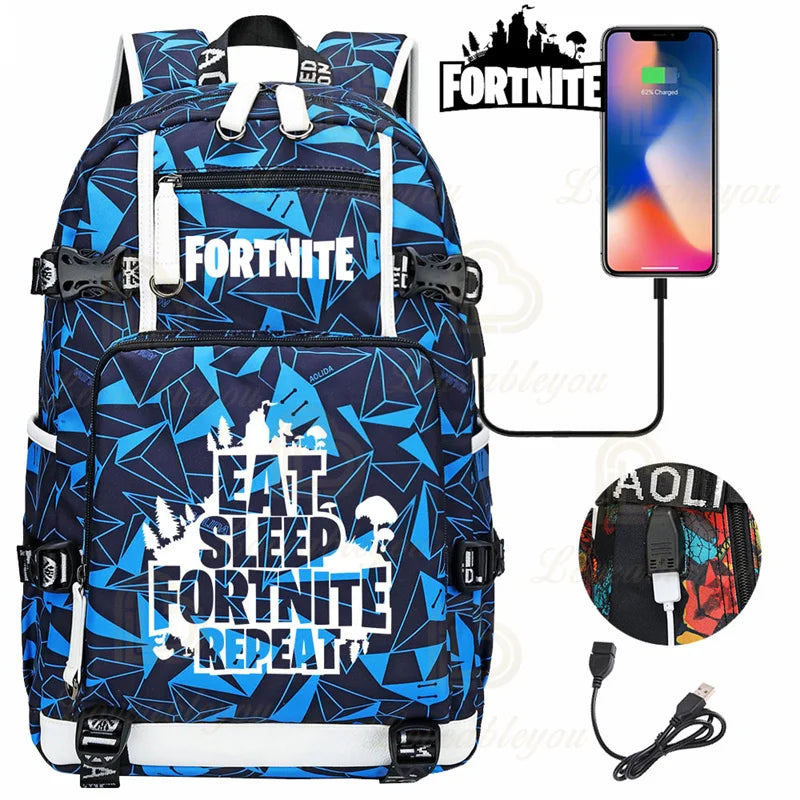 Yule Trooper F-Fortnited Battle Royale Rucksack mit USB-Ladeanschluss, Anime-Figuren, Lern- und Schreibwarenfach für Schüler