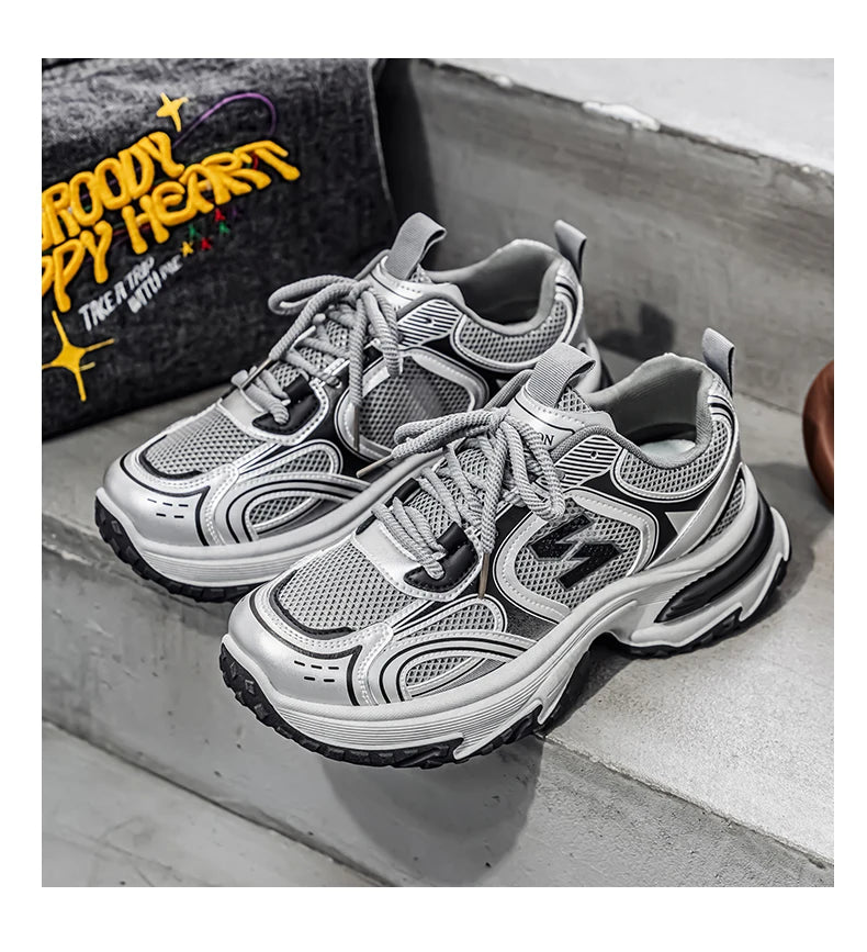 Unisex Trendy Chunky Dad Sneakers Silver Black Retro Couple Breathable Mesh Casual Platform Shoes