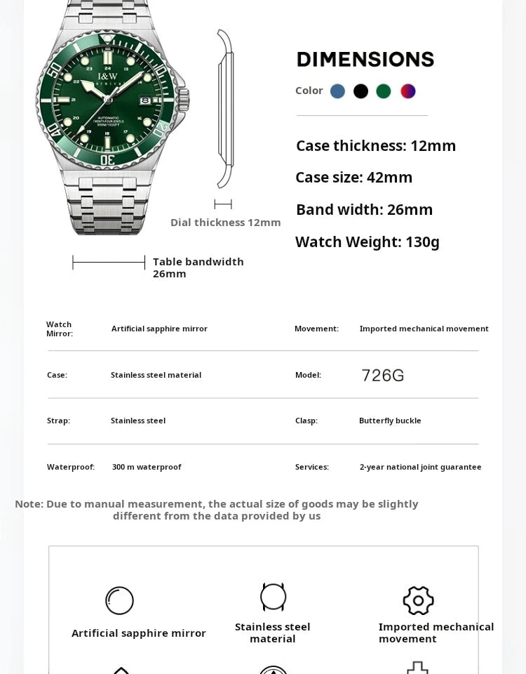 IW Luxury Brand Automatic Mechanical Sports Diving Watch Red Blue Bezel Steel Sapphire Luxury Men's Watches 300M Waterproof