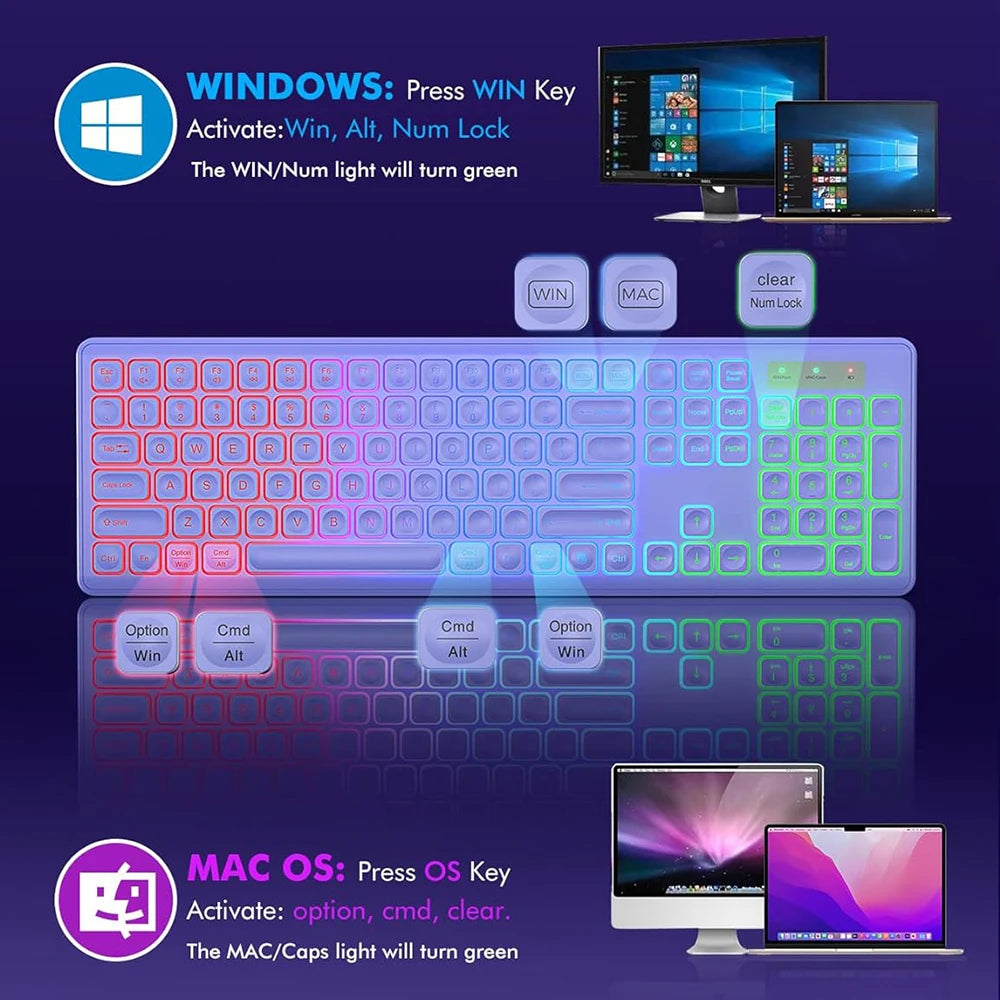 Ergonomic 2.4Ghz Wireless Keyboard Mouse Combo for PC/Laptop/Desktop Rechargeable Full Size Keyboard Mouse Set With RGB Backlit