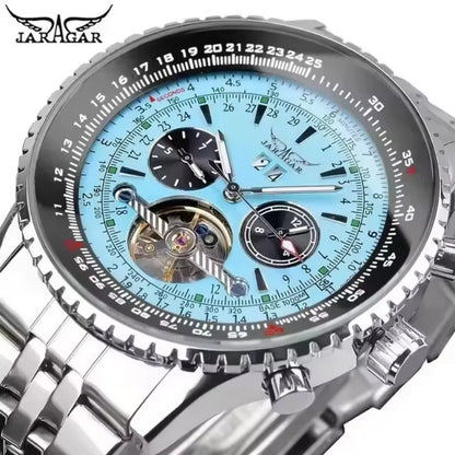Luxusní retro automatické mechanické hodinky JARAGAR 034, tourbillon, vyprázdněná skeletová konstrukce, nerezová ocel, týdenní kalendář, pánské hodinky