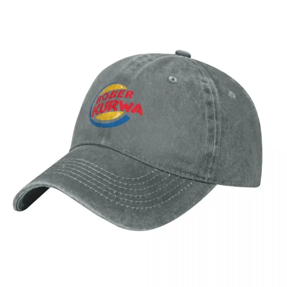 Casquette de baseball Burger King inspirée du mème « Bober Kurwa » – Casquettes en denim vieilli – Style vintage – Activités de plein air – Casquette souple non structurée