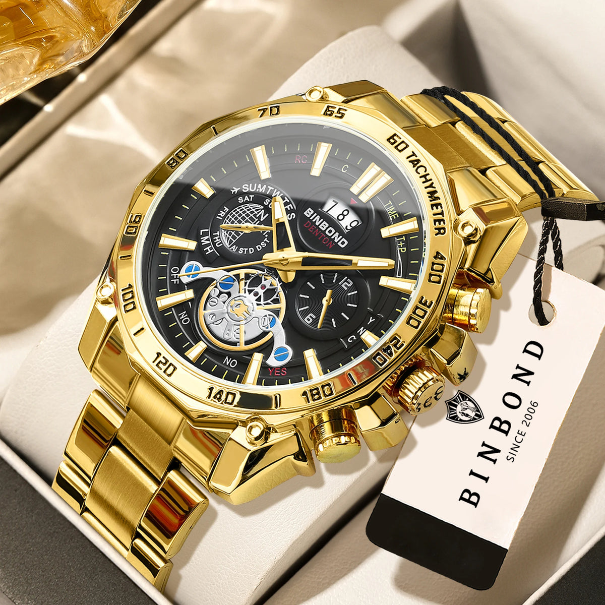 BINBOND luxury quartz watches for men: luminous, water-resistant, with automatic date display, accurate and durable, in a sporty and business style.