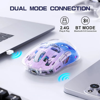 Mouse de gaming wireless transparent A2, BT 5.0/2.4G pentru PC, reîncărcabil, RGB, cu ecran digital, PixArt 3212, 5 niveluri DPI ajustabile