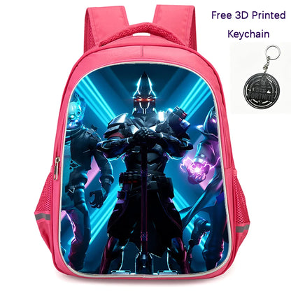 Mochila FORTNITE de 16 polegadas, resistente e leve, bolsos duplos com fecho, estilo cartoon para rapazes e raparigas dos 6 aos 10 anos, porta-chaves 3D impresso grátis