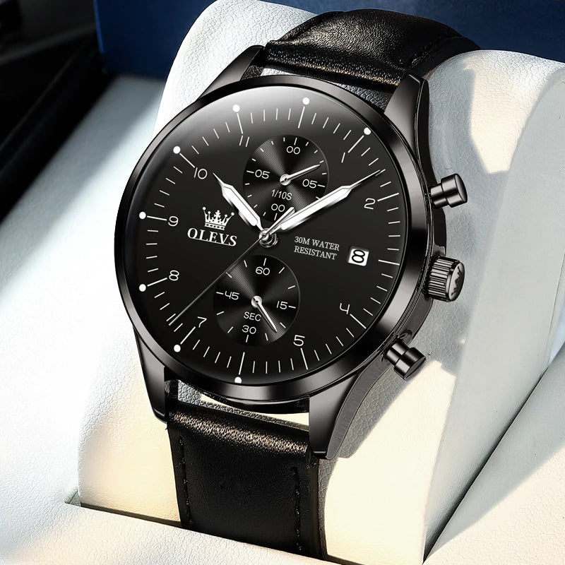 Ceas pentru bărbați OLEVS 2880 – Cronograf elegant și rafinat, curea din piele, afișare automată a datei, rezistent la apă, ace luminescente, mecanism cu cuarț.