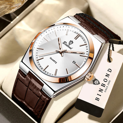 BINBOND luxury quartz wristwatch for men – Water-resistant, luminous, with automatic date – Professional, sporty, trendy and casual styles – Leather strap