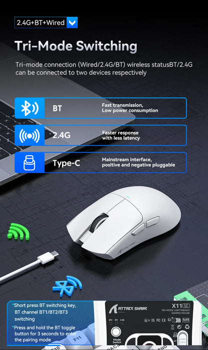 Bezdrôtová herná myš ATTACK SHARK X11SE, trojrežimové pripojenie, superľahká 63g s PAW3311 senzorom, 22000 DPI, 300mAh batéria, duálny ovládač